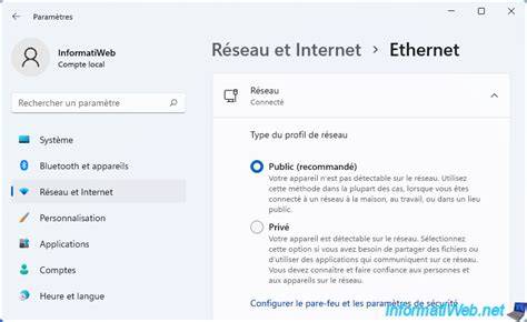 paramètres Windows réseau public privé